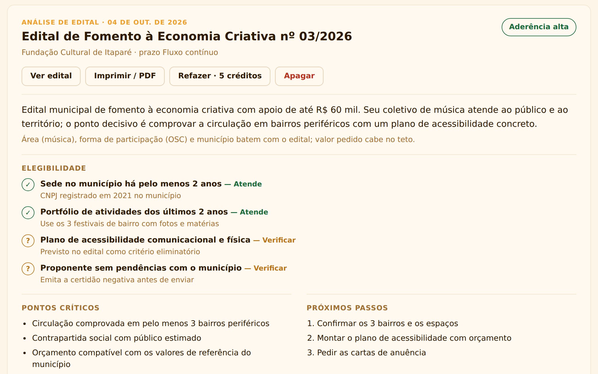 Relatório de análise de um edital com elegibilidade, pontos críticos e estrutura da proposta